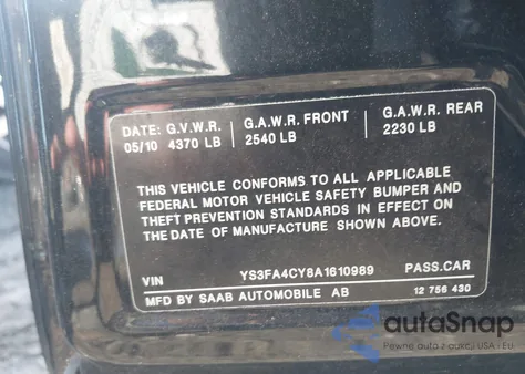 2010 Saab 9-3 from USA, damaged, VIN YS3FA4CY8A1610989